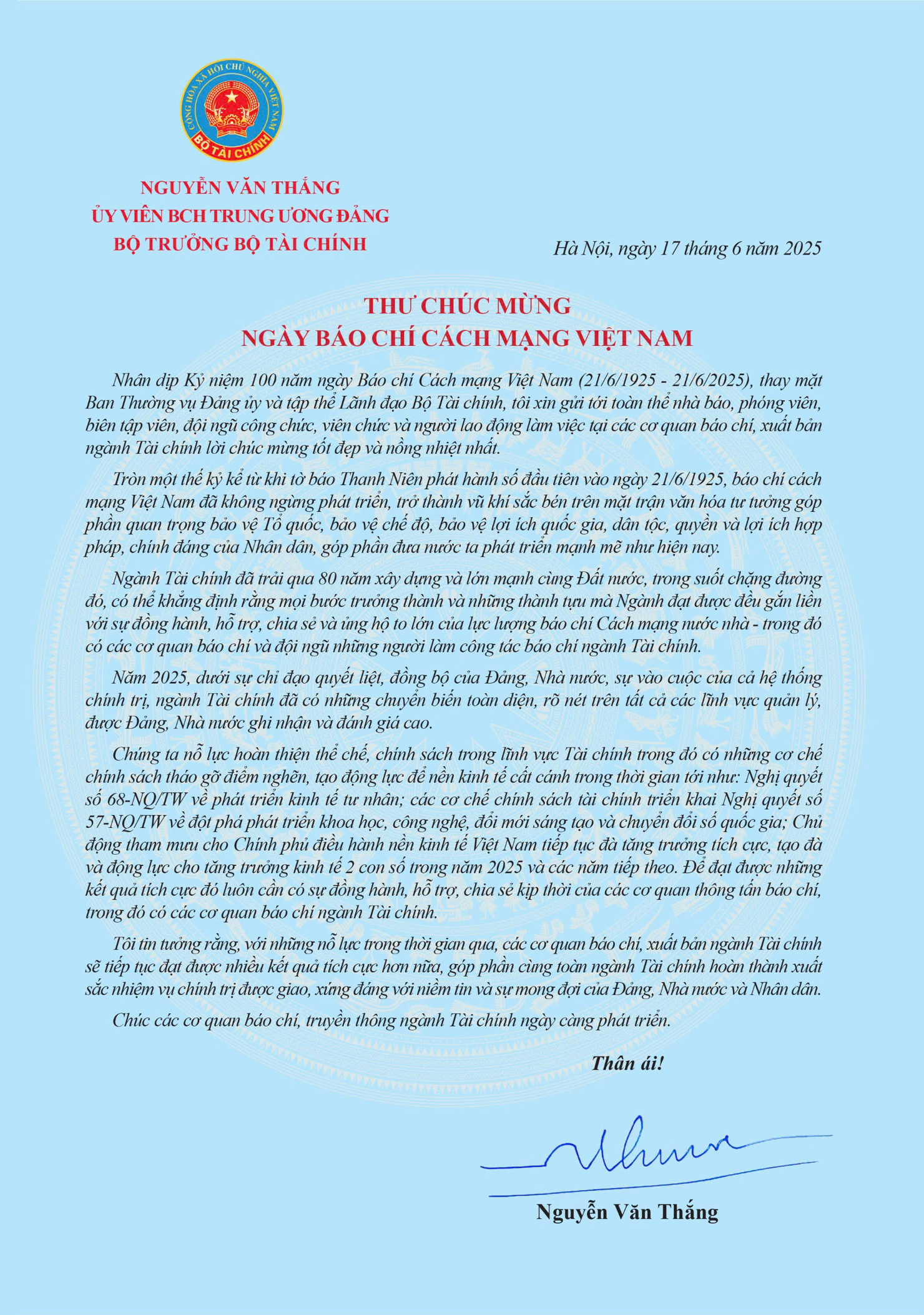Bộ trưởng Bộ Tài chính Nguyễn Văn Thắng gửi Thư chúc mừng Ngày Báo chí Cách mạng Việt Nam - Ảnh 1