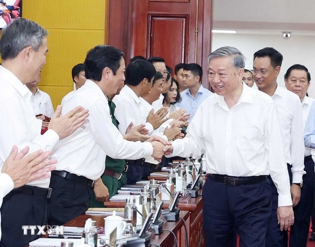 Tổng Bí thư Tô Lâm và các đại biểu tham dự cuộc làm việc. Ảnh: Thống Nhất - TTXVN. 