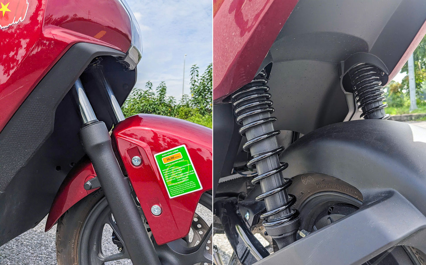 Honda Icon e: sử dụng phuộc ống lồng thủy lực phía trước và lò xo trụ đôi phía sau.