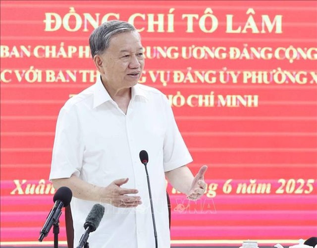 Tổng Bí thư Tô Lâm phát biểu tại buổi làm việc với Ban Thường vụ Đảng uỷ phường Xuân Hòa, Thành phố Hồ Chí Minh. Ảnh: Thống Nhất/TTXVN. 