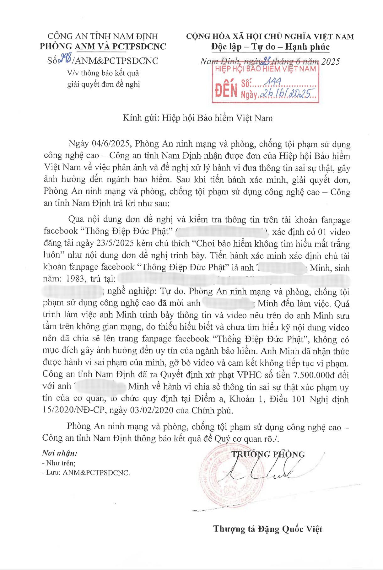 Phòng An ninh mạng và Phòng chống tội phạm sử dụng công nghệ cao công an tỉnh Nam Định đã có công văn gửi Hiệp hội Bảo hiểm Việt Nam.