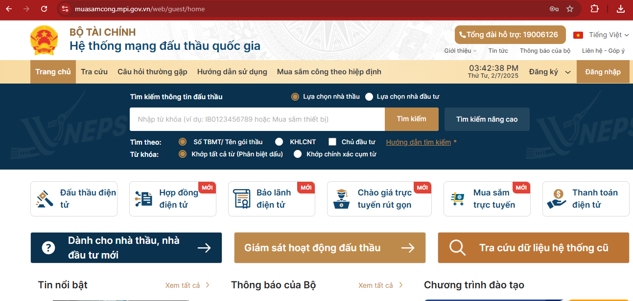 Cổng th&ocirc;ng tin Hệ thống mạng đấu thầu quốc gia.