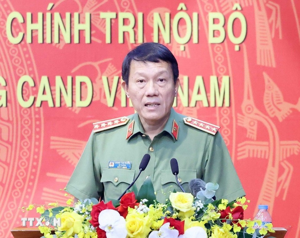 Ủy vi&ecirc;n Bộ Ch&iacute;nh trị, B&iacute; thư Đảng ủy C&ocirc;ng an Trung ương, Bộ trưởng Bộ C&ocirc;ng an, Đại tướng Lương Tam Quang ph&aacute;t biểu. Ảnh: Thống Nhất/TTXVN. &nbsp;