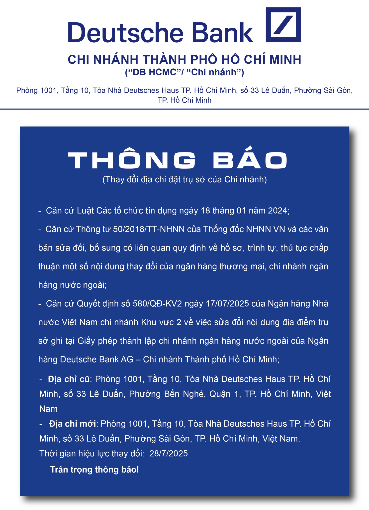Deutsche Bank AG - Chi nhánh Thành phố Hồ Chí Minh thông báo thay đổi địa chỉ đặt trụ sở của chi nhánh - Ảnh 1