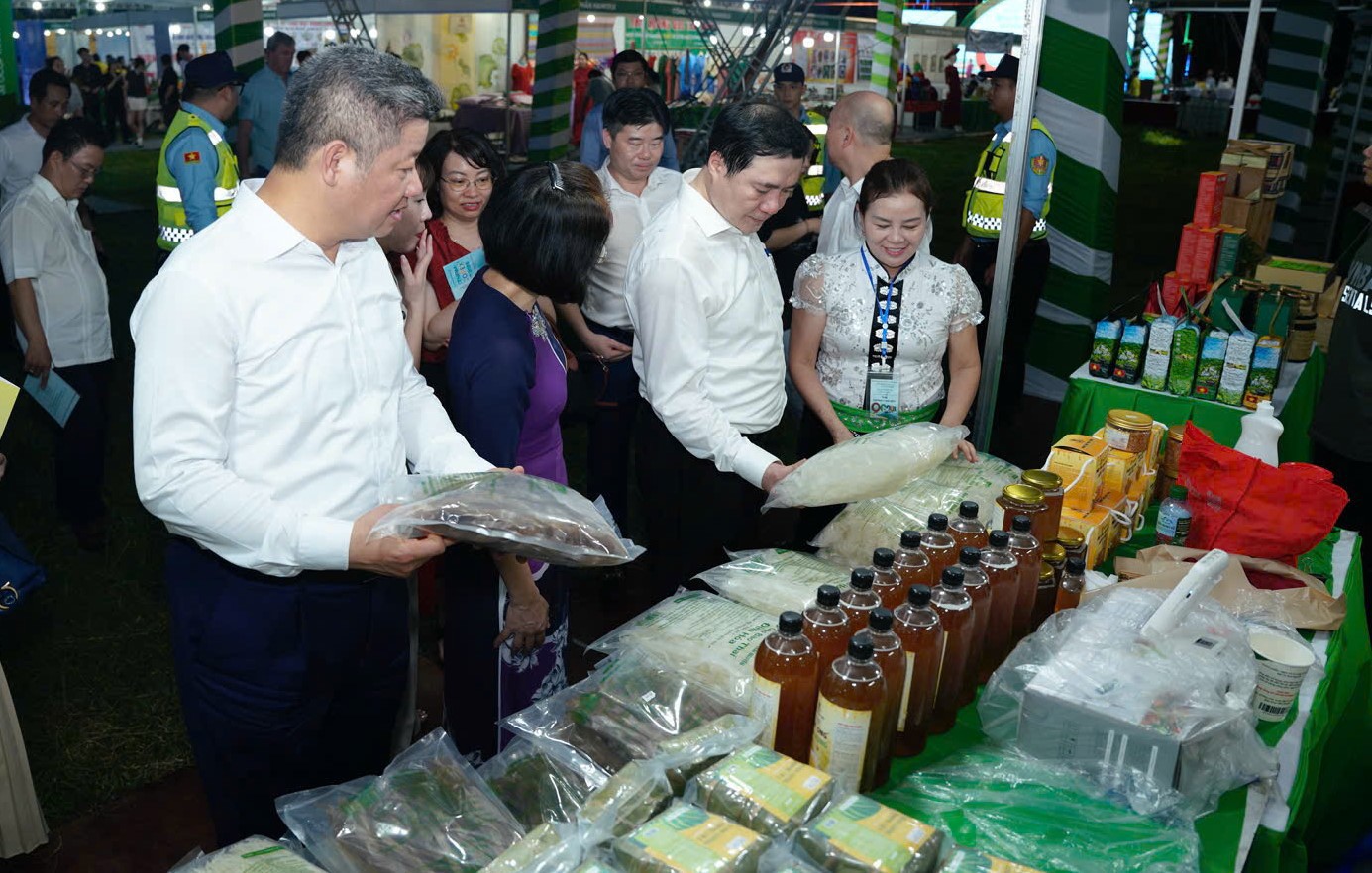 Thứ trưởng Nguyễn Sinh Nhật Tân và các đại biểu tham quan gian hàng tại hội chợ.