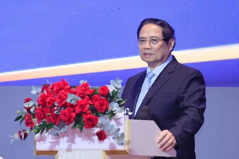 Thủ tướng Chính phủ Phạm Minh Chính phát biểu tại Hội nghị công bố Nghị quyết về Trung tâm tài chính quốc tế tại Việt Nam. Ảnh: Nhật Bắc