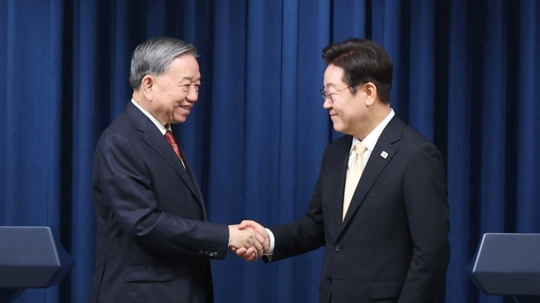 Tổng Bí thư Tô Lâm và Tổng thống Hàn Quốc Lee Jae Myung tại buổi gặp gỡ báo chí. Ảnh: Thống Nhất/TTXVN