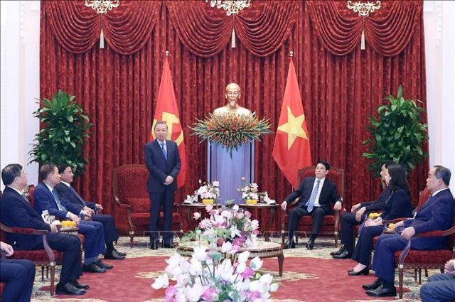 Tổng B&iacute; thư T&ocirc; L&acirc;m v&agrave; Chủ tịch nước Lương Cường tại Trụ sở l&agrave;m việc Cơ quan Chủ tịch nước. Ảnh: Thống Nhất/ TTXVN.