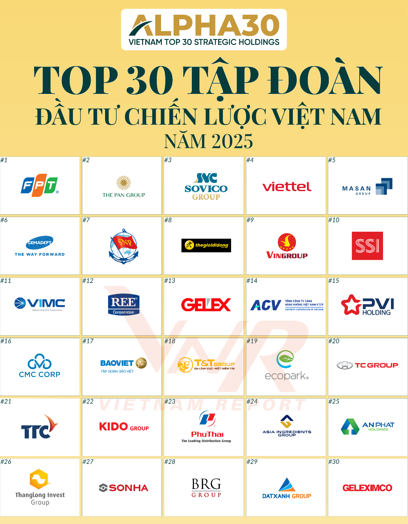 Danh sách xếp hạng chính thức Top 30 Tập đoàn Đầu tư Chiến lược Việt Nam năm 2025 (ALPHA30).