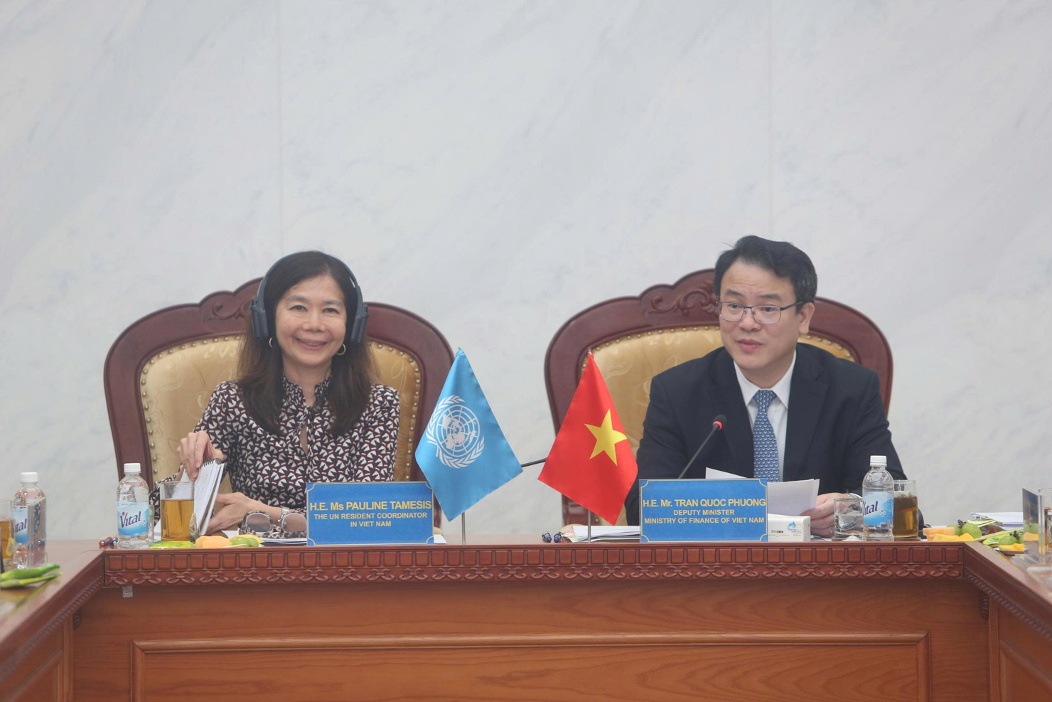 Thứ trưởng Bộ Tài chính Trần Quốc Phương và bà Pauline Tamesis - Điều phối viên thường trú Liên Hợp quốc đồng chủ trì cuộc họp.