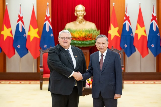Tổng Bí thư Tô Lâm tiếp Chủ tịch Quốc hội New Zealand Gerry Brownlee. Ảnh: Phạm Thắng. 