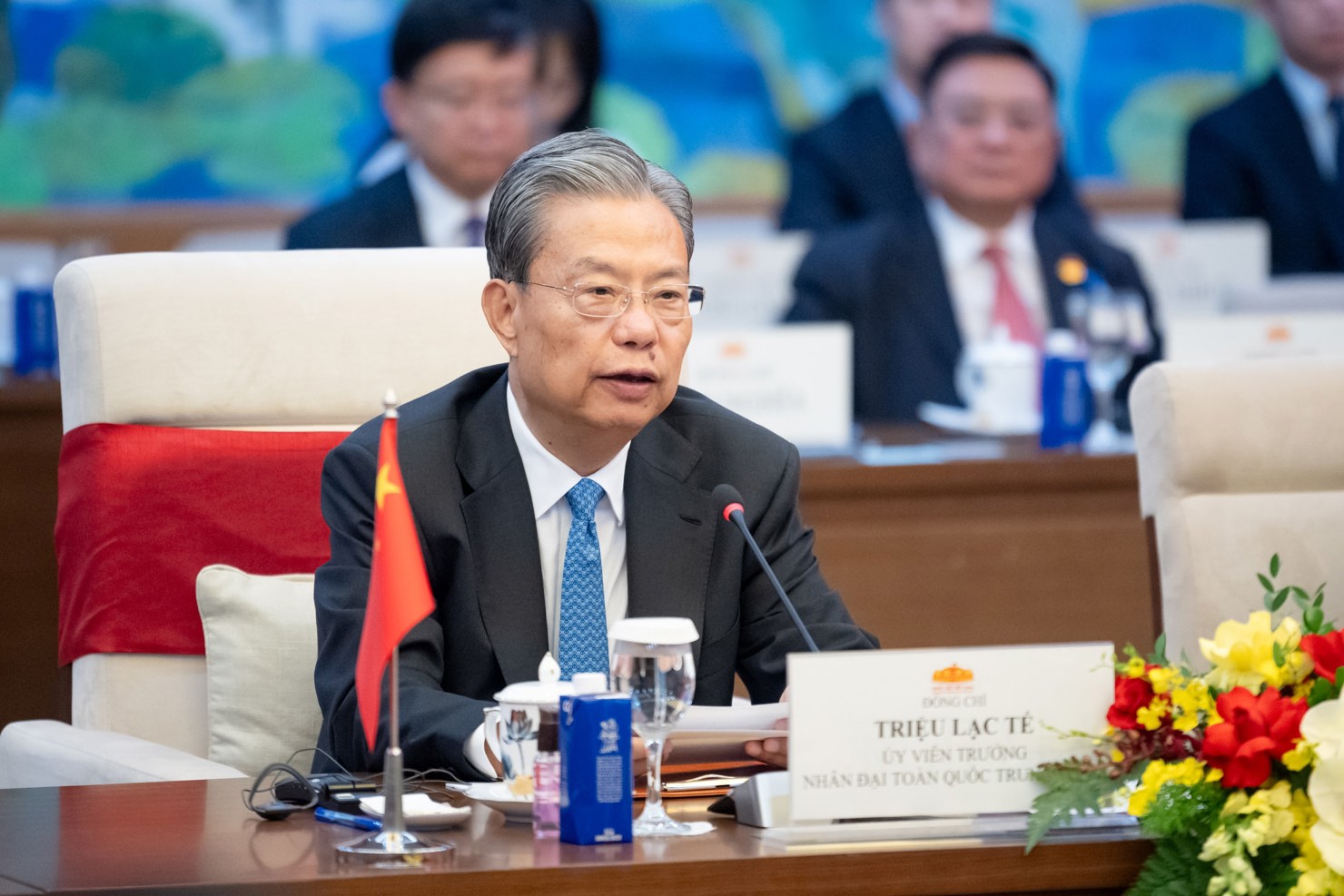 Ủy viên trưởng Nhân đại toàn quốc Trung Quốc Triệu Lạc Tế phát biểu tại hội đàm. Ảnh: Phạm Thắng.