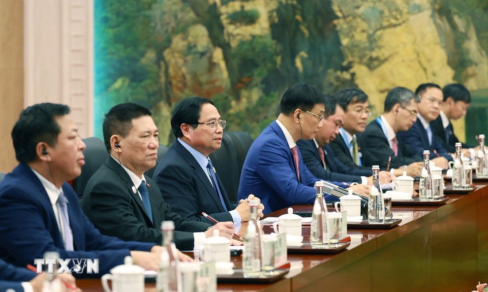 Thủ tướng Phạm Minh Chính phát biểu tại cuộc hội kiến Tổng Bí thư, Chủ tịch nước Trung Quốc Tập Cận Bình. Ảnh: Dương Giang/TTXVN. 
