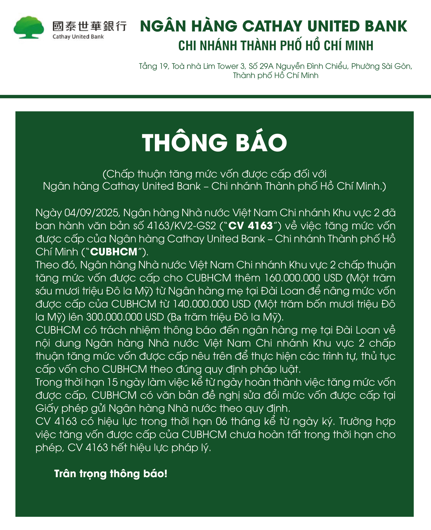 Ngân hàng Cathay United Bank – Chi nhánh Thành phố Hồ Chí Minh thông báo về việc được chấp thuận tăng mức vốn được cấp - Ảnh 1