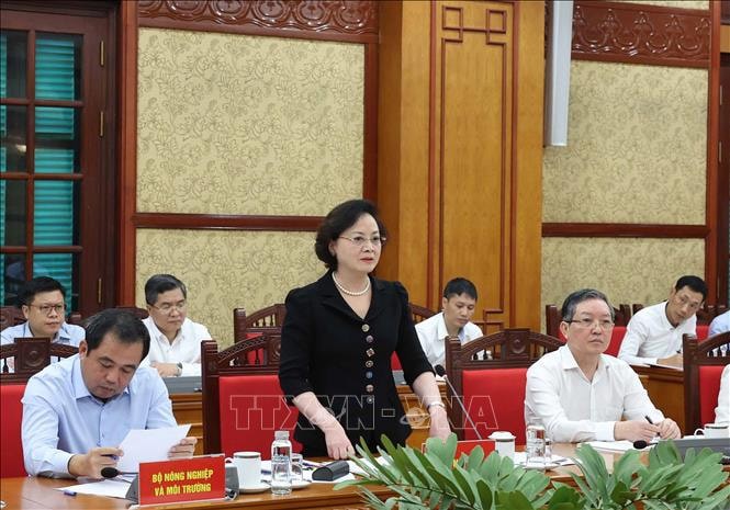 Ủy vi&ecirc;n Ban Thường vụ Đảng ủy Ch&iacute;nh phủ, Bộ trưởng Bộ Nội vụ Phạm Thị Thanh Tr&agrave; ph&aacute;t biểu tại buổi l&agrave;m việc. Ảnh: Thống Nhất/TTXVN