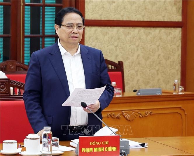 Ủy vi&ecirc;n Bộ Ch&iacute;nh trị, B&iacute; thư Đảng ủy, Thủ tướng Ch&iacute;nh phủ Phạm Minh Ch&iacute;nh ph&aacute;t biểu tại buổi l&agrave;m việc. Ảnh: Thống Nhất/TTXVN