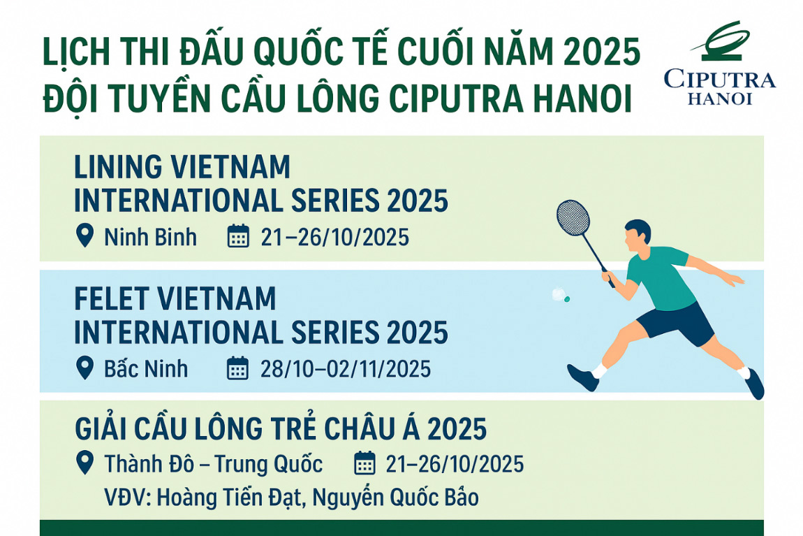 Lịch thi đấu quốc tế cuối năm 2025 đội tuyển cầu l&ocirc;ng Ciputra Hanoi