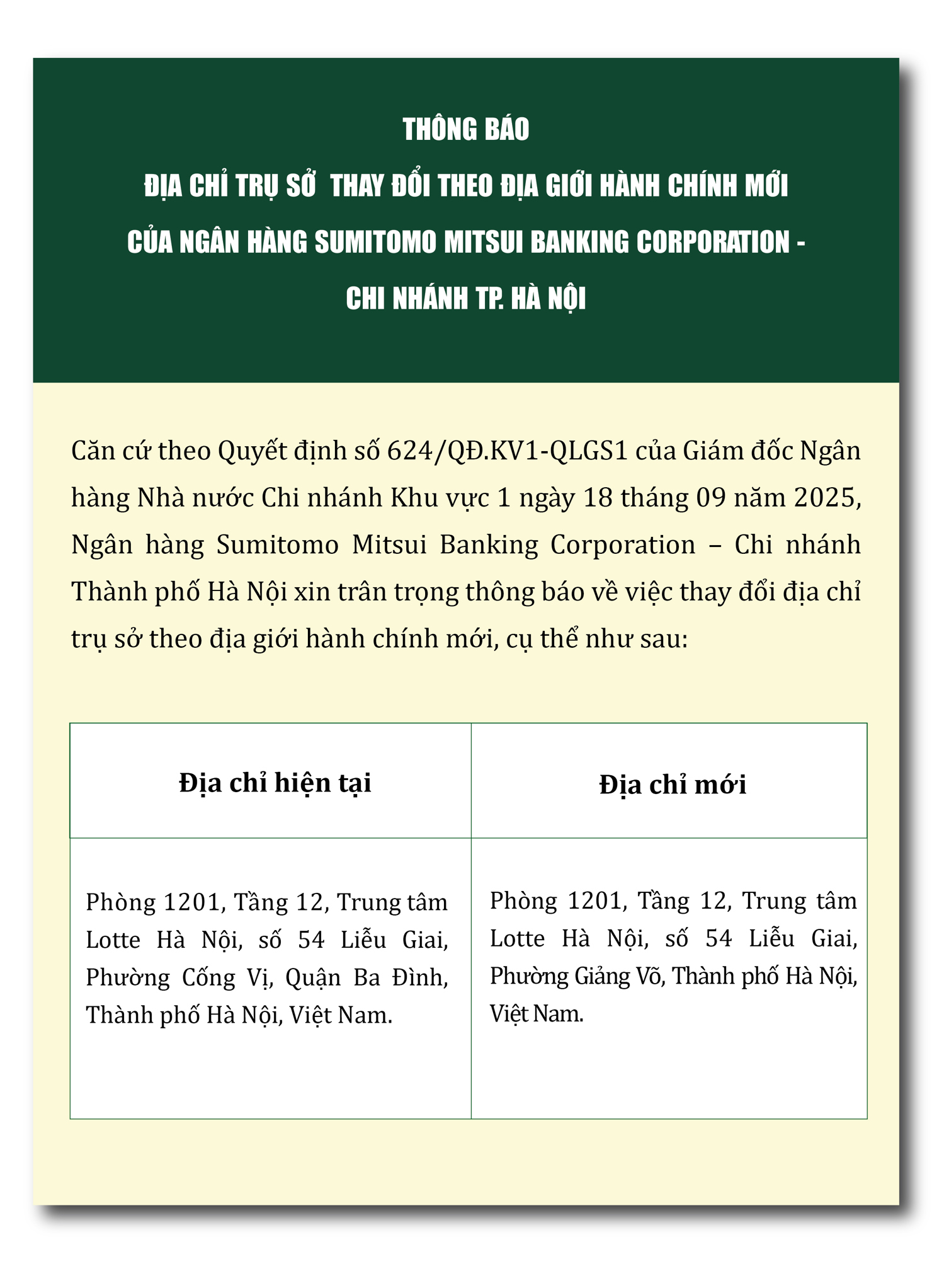 Ngân hàng Sumitomo Mitsui Banking Corporation - Chi nhánh Thành phố Hà Nội thông báo thay đổi địa chỉ trụ sở theo địa giới hành chính mới - Ảnh 1