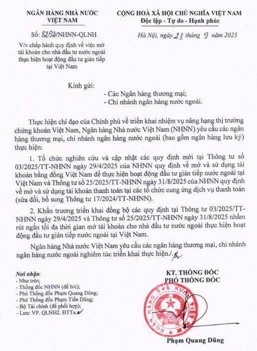 C&ocirc;ng văn số 8299/NHNN-QLNH được ban h&agrave;nh ng&agrave;y 23/9.