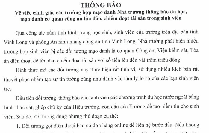 Trường Đại học Cửu Long ph&aacute;t đi th&ocirc;ng b&aacute;o việc một số đối tượng mạo danh nh&agrave; trường để lừa đảo. Ảnh:&nbsp;Trường Đại học Cửu Long&nbsp;