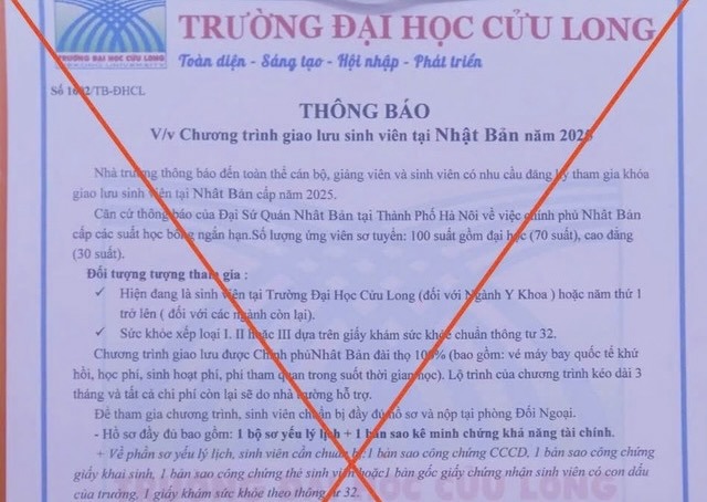 Một th&ocirc;ng b&aacute;o giả mạo&nbsp;Trường Đại học Cửu Long . Ảnh: Trường Đại học Cửu Long