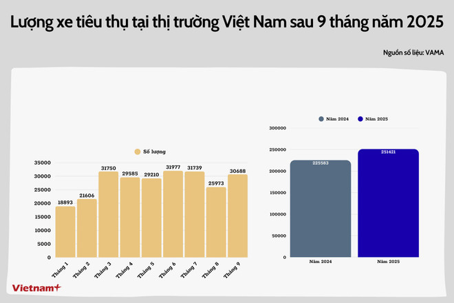 Doanh số tiêu thụ xe các thành viên VAMA sau 9 tháng năm 2025. (Đồ họa: Minh Hiếu/Vietnam+). 