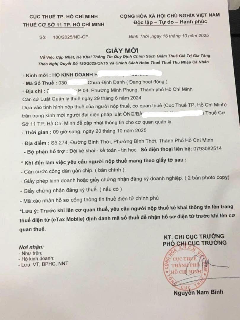 Giấy mời giả mạo cơ quan thuế về y&ecirc;u cầu cập nhật th&ocirc;ng tin, ch&iacute;nh s&aacute;ch thuế. Ảnh: Đức Mỹ