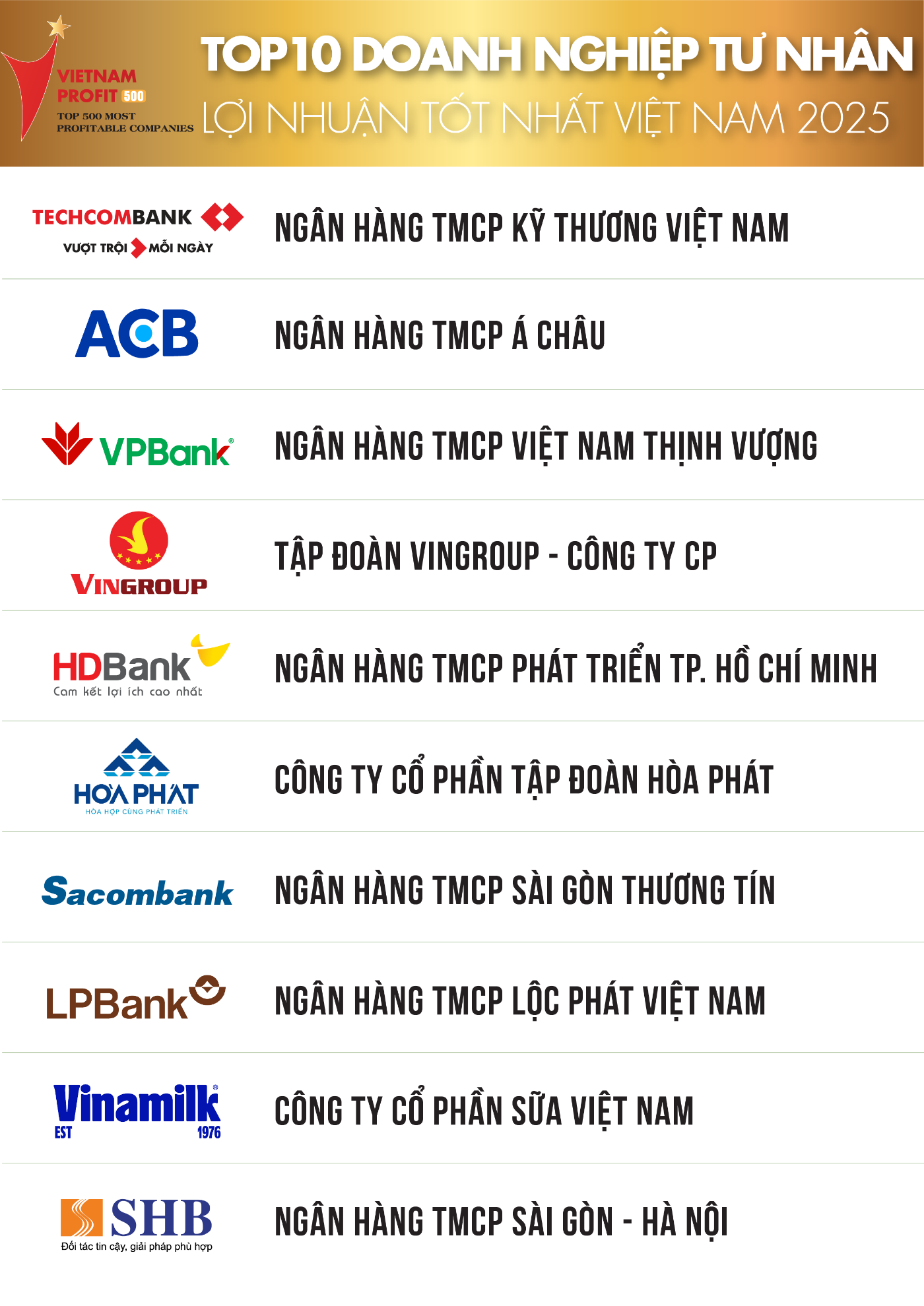 Top 10 Bảng xếp hạng Top 500 Doanh nghiệp tư nhân lợi nhuận tốt nhất Việt Nam năm 2025