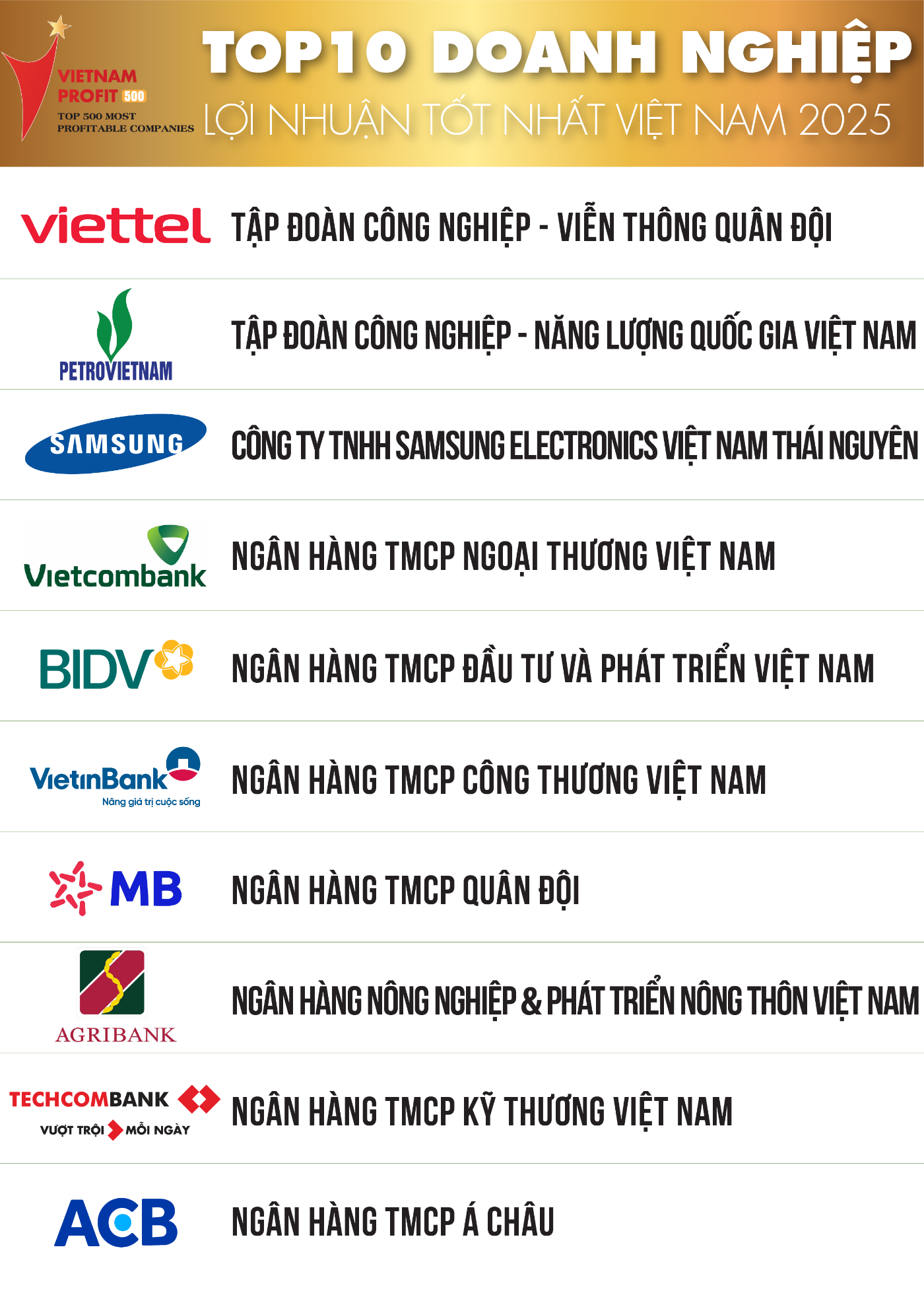 Top 10 Bảng xếp hạng Top 500 Doanh nghiệp lợi nhuận tốt nhất Việt Nam năm 2025