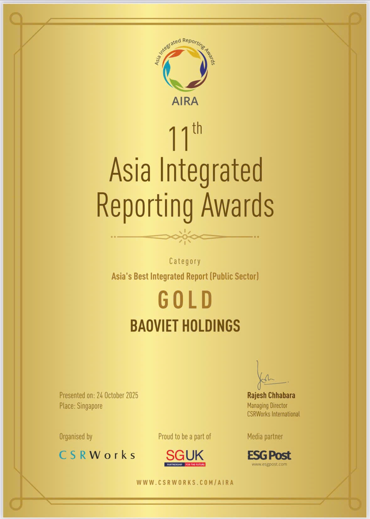 Giải thưởng AIRA 2025 vinh danh nỗ lực báo cáo tích hợp theo chuẩn quốc tế của Bảo Việt.