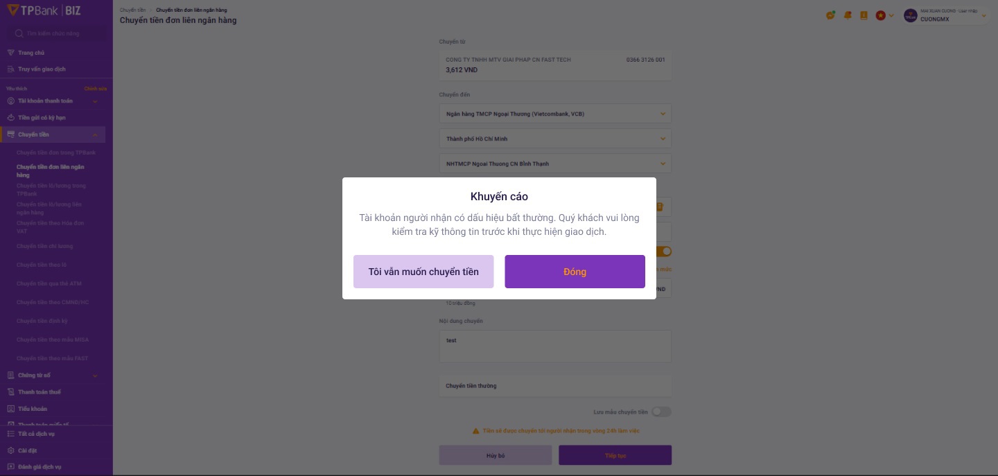 TPBank gửi khuyến c&aacute;o đến người d&ugrave;ng khi ph&aacute;t hiện t&agrave;i khoản người nhận c&oacute; dấu hiệu bất thường.