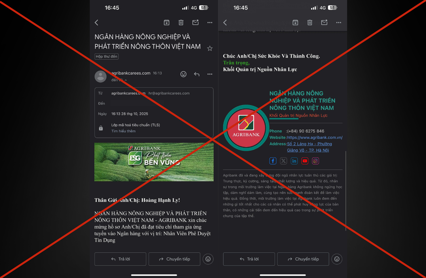 Kẻ gian giả mạo&nbsp;thương hiệu Agribank gửi th&ocirc;ng tin tuyển dụng qua thư điện tử.