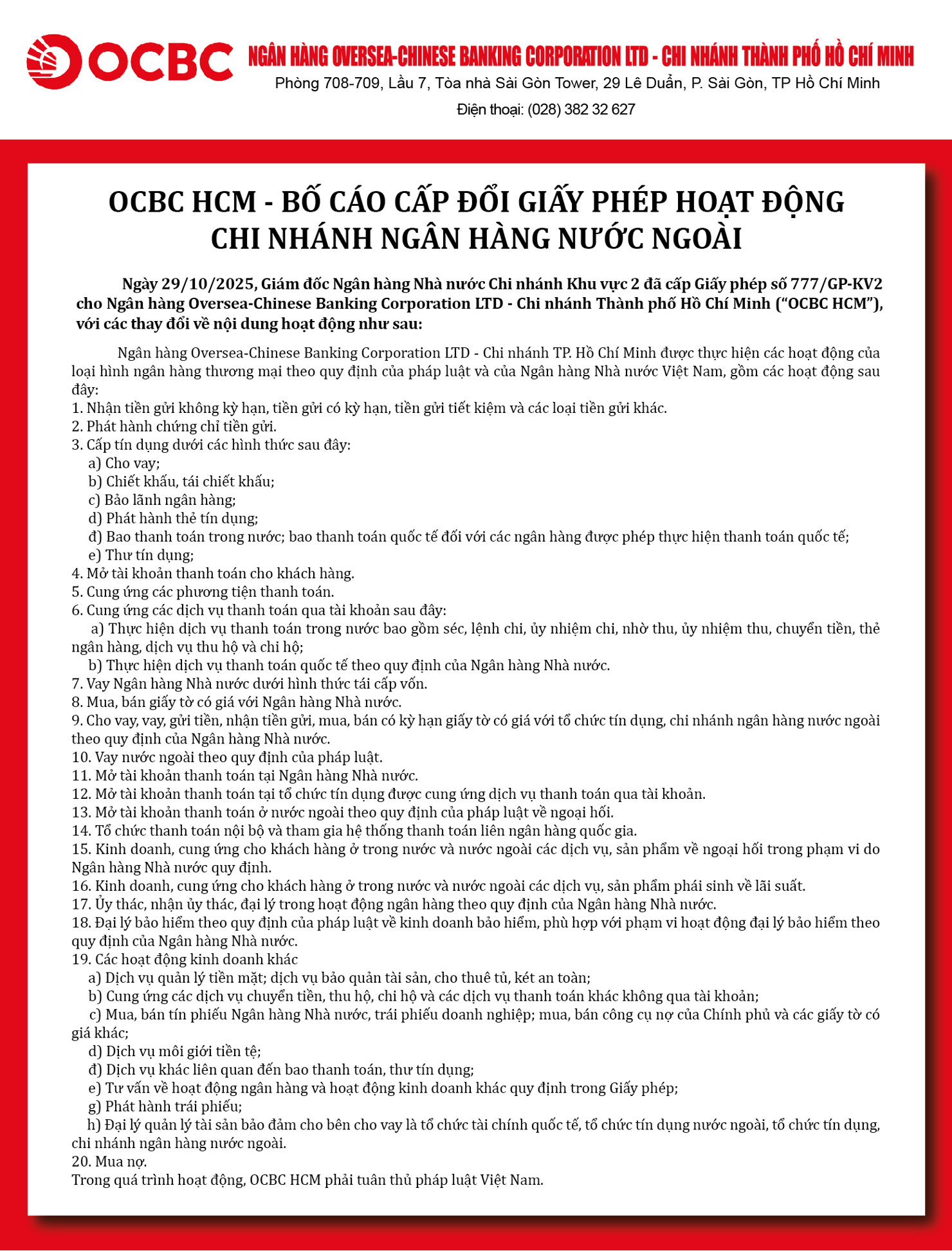 OCBC Hồ Chí Minh bố cáo cấp đổi giấy phép hoạt động chi nhánh ngân hàng nước ngoài - Ảnh 1
