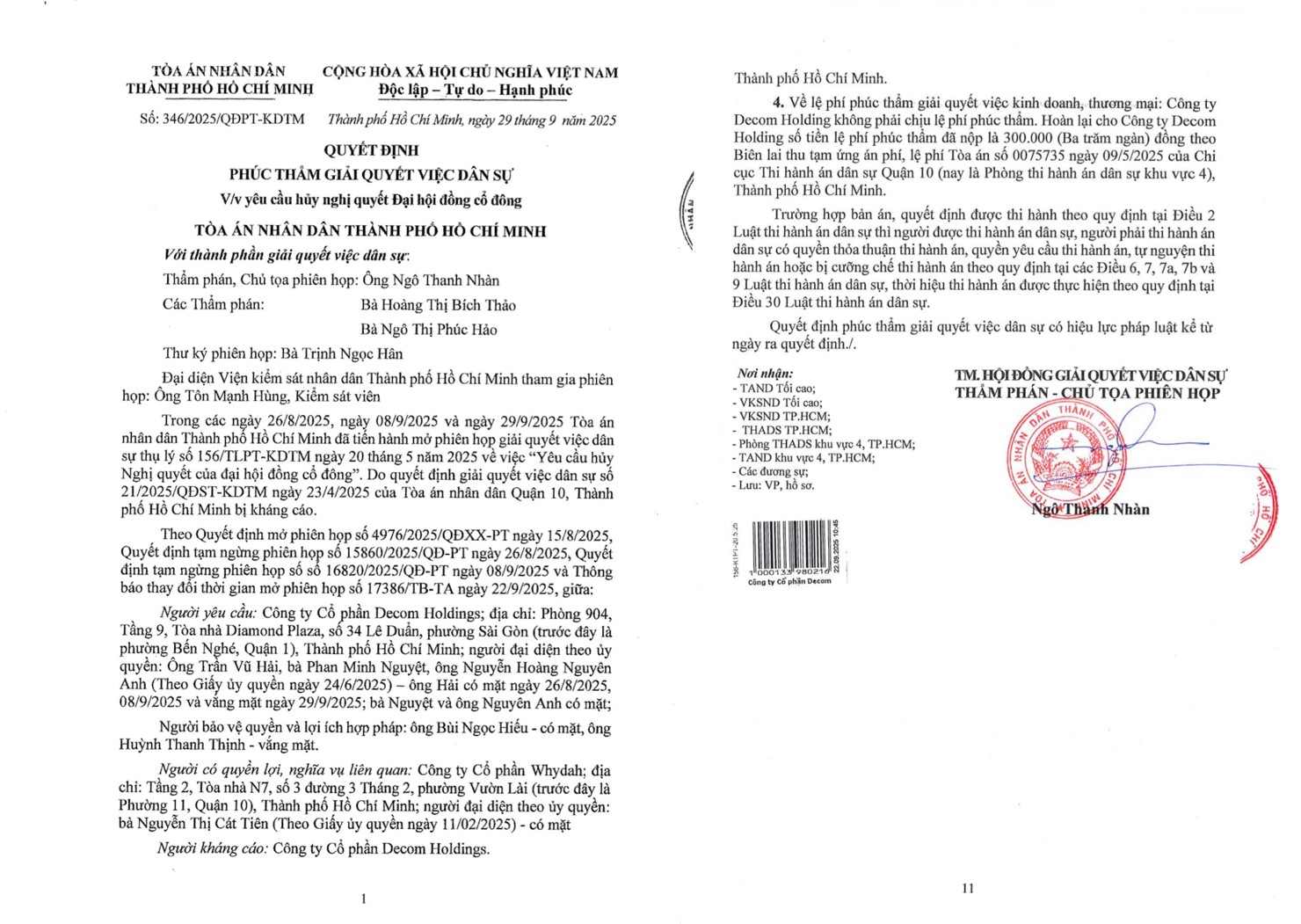 Quyết định Ph&uacute;c thẩm số 346/2025-QĐPT-KDTM của To&agrave; &aacute;n Nh&acirc;n d&acirc;n TPHCM ng&agrave;y 29/9/2025 về việc huỷ quyết định ĐHĐCĐ C&ocirc;ng ty Whydah.