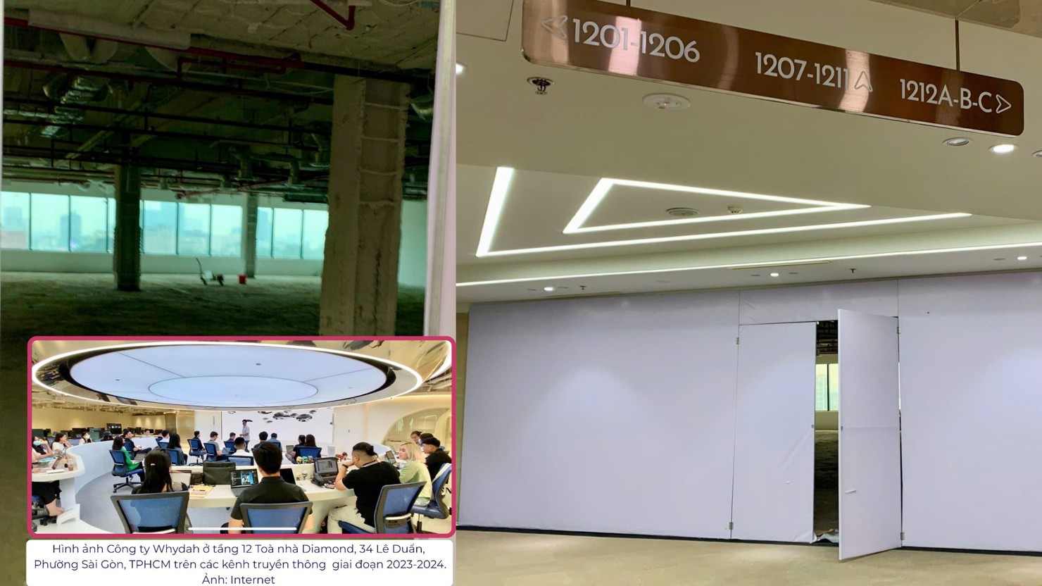 H&igrave;nh ảnh ghi nhận ng&agrave;y 1/11/2025 tại vị tr&iacute; trước đ&acirc;y của C&ocirc;ng ty Whydah ở tầng 12 To&agrave; nh&agrave; Diamond, 34 L&ecirc; Duẩn, Phường S&agrave;i G&ograve;n, TP. Hồ Ch&iacute; Minh.