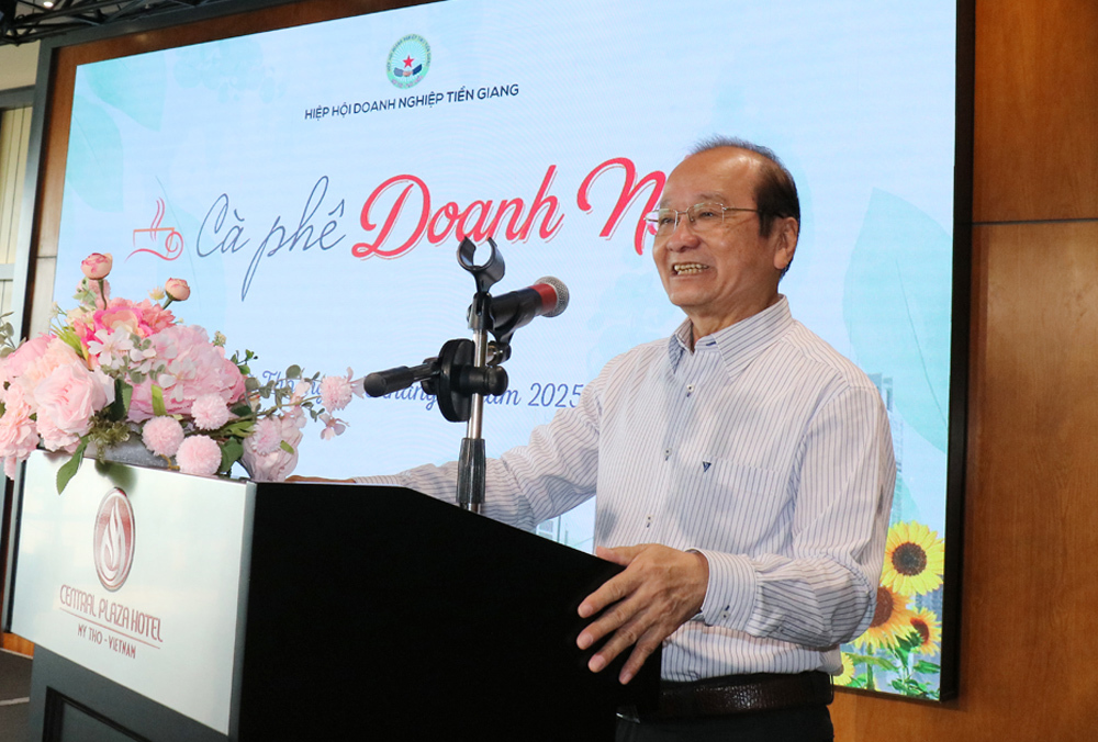 &Ocirc;ng Trần Thanh Đức - Chủ tịch Hiệp hội Doanh nghiệp Tiền Giang ph&aacute;t biểu tại chương tr&igrave;nh