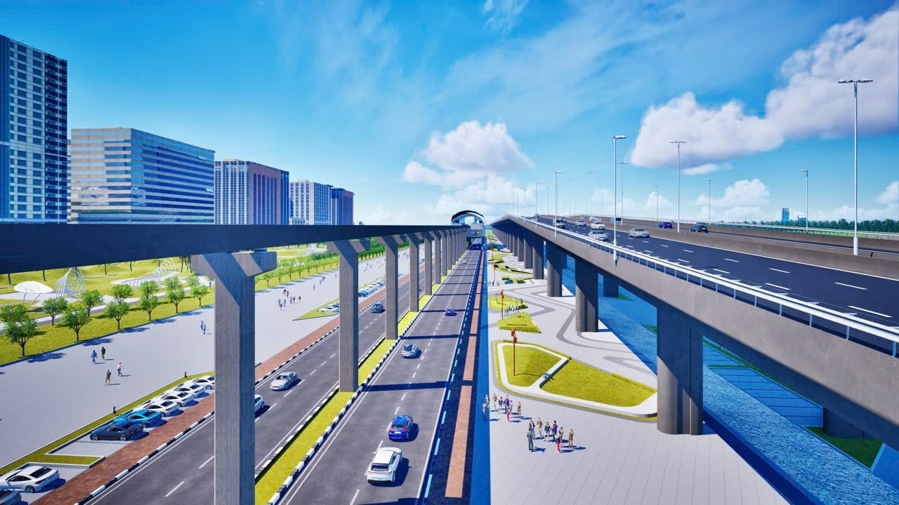 Thiết kế trục Đại lộ cảnh quanh s&ocirc;ng Hồng gồm cả đường tr&ecirc;n cao v&agrave; t&agrave;u điện 1 ray được nh&agrave; đầu tư x&acirc;y dựng.