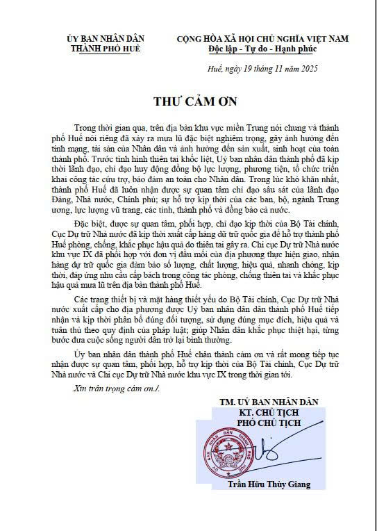 Ủy ban nhân dân TP. Huế gửi Thư cảm ơn Bộ Tài chính hỗ trợ khắc phục hậu quả thiên tai - Ảnh 1