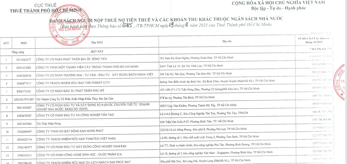 Th&ocirc;ng b&aacute;o số 12785/TB-TPHCM của Thuế TP. Hồ Ch&iacute; Minh, c&oacute; 2.827 tổ chức v&agrave; c&aacute; nh&acirc;n nợ thuế, với tổng số tiền hơn 7.965 tỷ đồng. Ảnh: ĐM