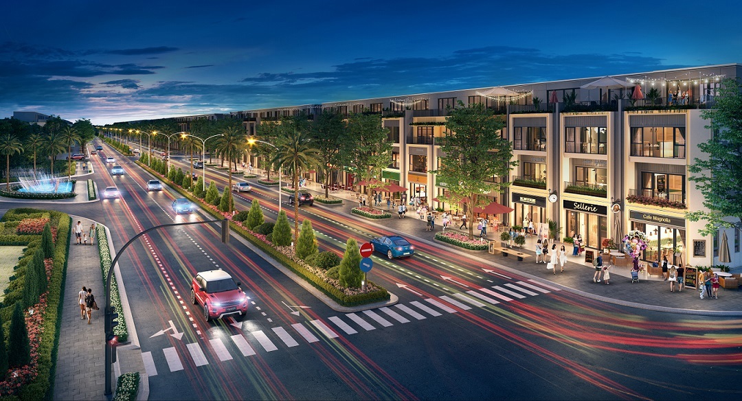 Dãy shophouse nằm trên đại lộ huyết mạch Goldsilk Boulevard của khu đô thị Gem Sky World Long Thành đã được khởi công xây dựng vào cuối năm 2020. Ảnh DXG