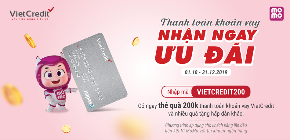 Sự kết hợp giữa ví điện tử MoMo và VietCredit sẽ giúp chủ thẻ vay có thể thanh toán dư nợ một cách nhanh chóng, dễ dàng và vào bất cứ khi nào. Ảnh VietCredit 