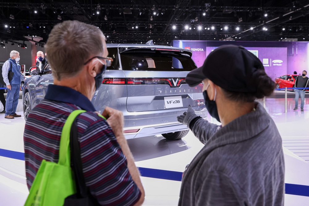 Mẫu xe ô tô điện VF e36 tại Los Angeles Auto Show 2021 được người dân Mỹ đánh gia cao. Ảnh: Vinfast.