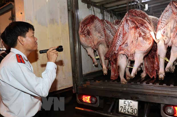 Kiểm tra thịt lợn trước khi được đưa đi tiêu thụ tại chợ đầu mối nông sản thực phẩm Hóc Môn, TP. Hồ Chí Minh. Ảnh: Đinh Hằng