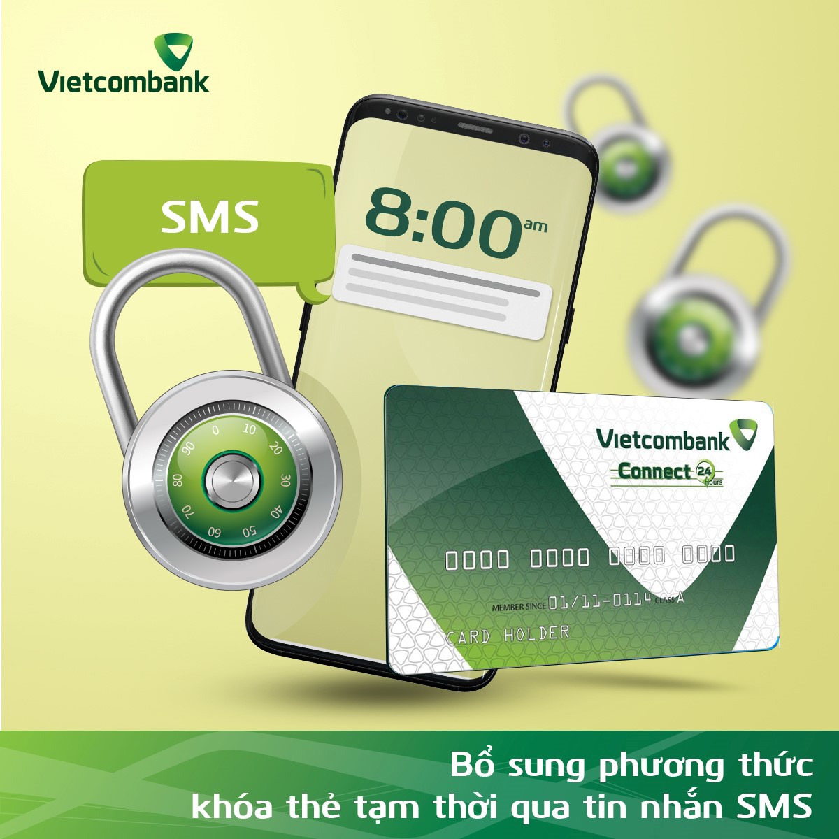 Khách hàng của Vietcombank có thể khóa thẻ tạm thời một cách nhanh chóng để đảm bảo an toàn bị thất lạc hoặc mất thẻ