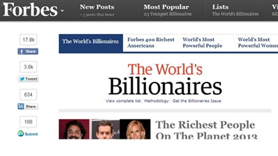 Trang web forbes.com công bố danh sách tỉ phú năm 2013.