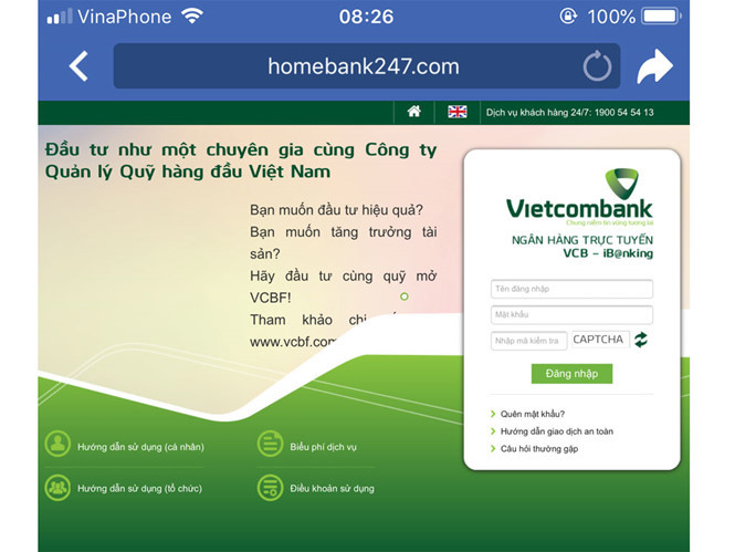 Đường link giả mạo ngân hàng điện tử Vietcombank