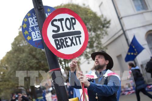 Người dân tuần hành phản đối Brexit bên ngoài tòa nhà Quốc hội ở London, Anh, ngày 11/3/2019.