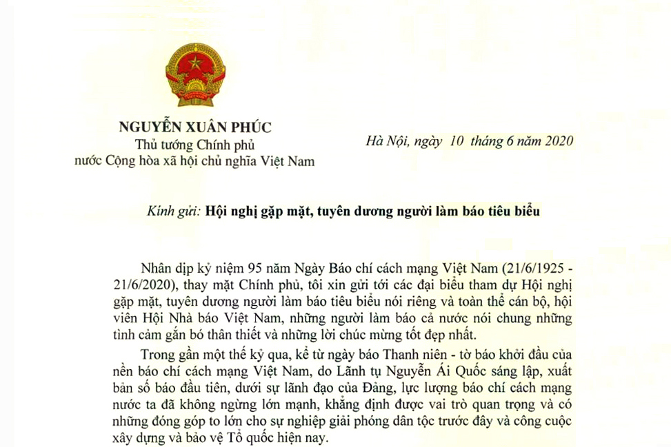 Thủ tướng gửi thư chúc mừng nhân Ngày Báo chí cách mạng Việt Nam.