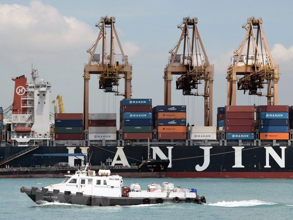Tàu chở hàng ra vào cảng Singapore. (Nguồn: AFP/TTXVN)