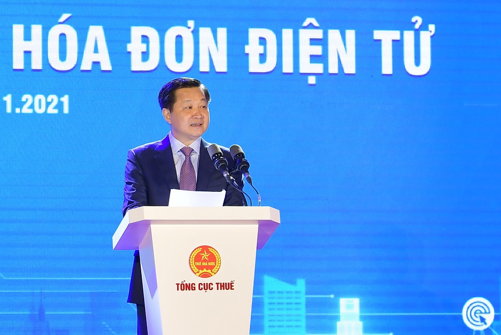 Phó Thủ tướng Chính phủ Lê Minh Khái phát biểu chỉ đạo Hội nghị trực tuyến toàn quốc công bố triển khai Hệ thống hóa đơn điện tử.